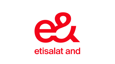The image features the logo of "etisalat and" with a stylized red lowercase "e" and ampersand (&) combined, displayed above the words "etisalat and" in red, all on a white background, reflecting innovation in mobile-enabled early warning systems.