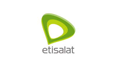 The image shows the Etisalat logo: a stylized green and light green triangular shape with rounded edges and a hollow center, above "etisalat" in lowercase, modern gray font—reflecting innovation in mobile-enabled early warning systems.