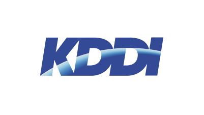 The image shows the KDDI logo in bold blue letters. A curved, light blue swoosh cuts through the "D" and "I." The clean, modern look reflects KDDI's commitment to innovation, such as mobile-enabled early warning systems.