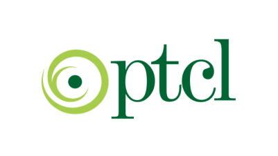 The PTCL logo features “ptcl” in dark green lowercase letters with a stylized circular design to the left, evoking connectivity—ideal for representing mobile-enabled early warning systems—formed by green swirls around a solid dot on white.