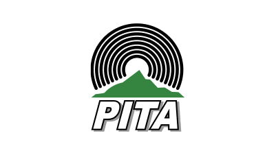 A logo showing a green mountain silhouette beneath "PITA" in bold white letters with a black shadow. Black concentric semi-circles, inspired by mobile-enabled early warning systems, form an arch above the mountain on a white background.