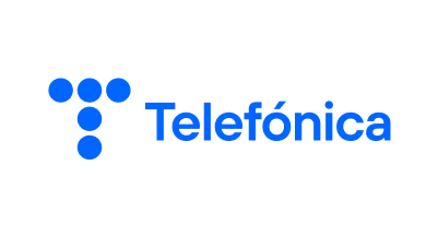 Blue Telefónica logo on a white background. The logo includes seven blue dots arranged in a "T" shape on the left, followed by "Telefónica" in bold blue font, symbolizing innovation in mobile-enabled early warning systems.