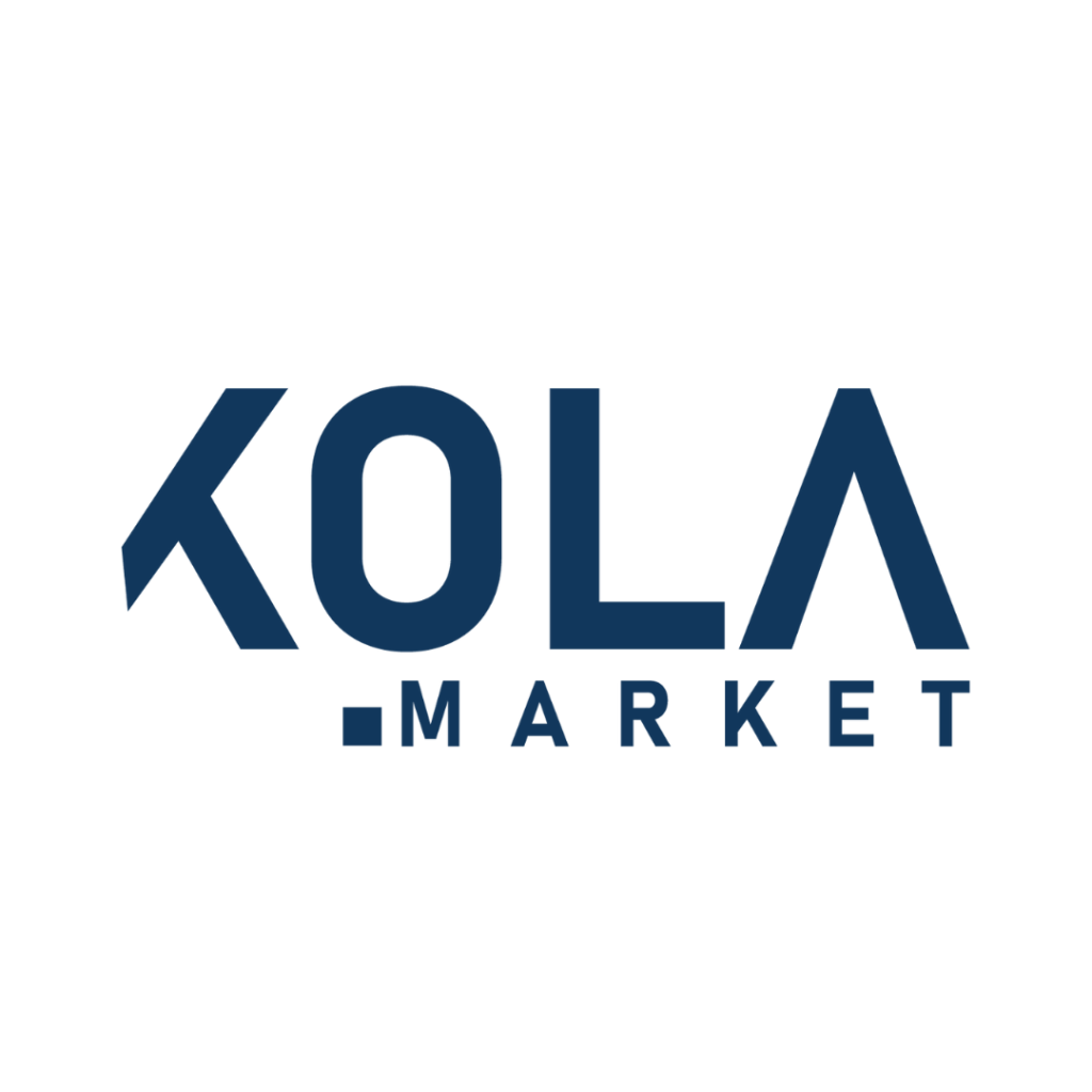 The image shows the logo for "KOLA MARKET" in bold, dark blue letters on a white background. The letter "K" has a stylised, angular shape, and the word "MARKET" appears in smaller, spaced-out capital letters beneath "KOLA.