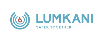Lumkani logo with a blue circular design resembling sound waves and a central red flame icon. To the right, "LUMKANI" is written in bold blue uppercase letters above the tagline "SAFER TOGETHER" in smaller blue text.