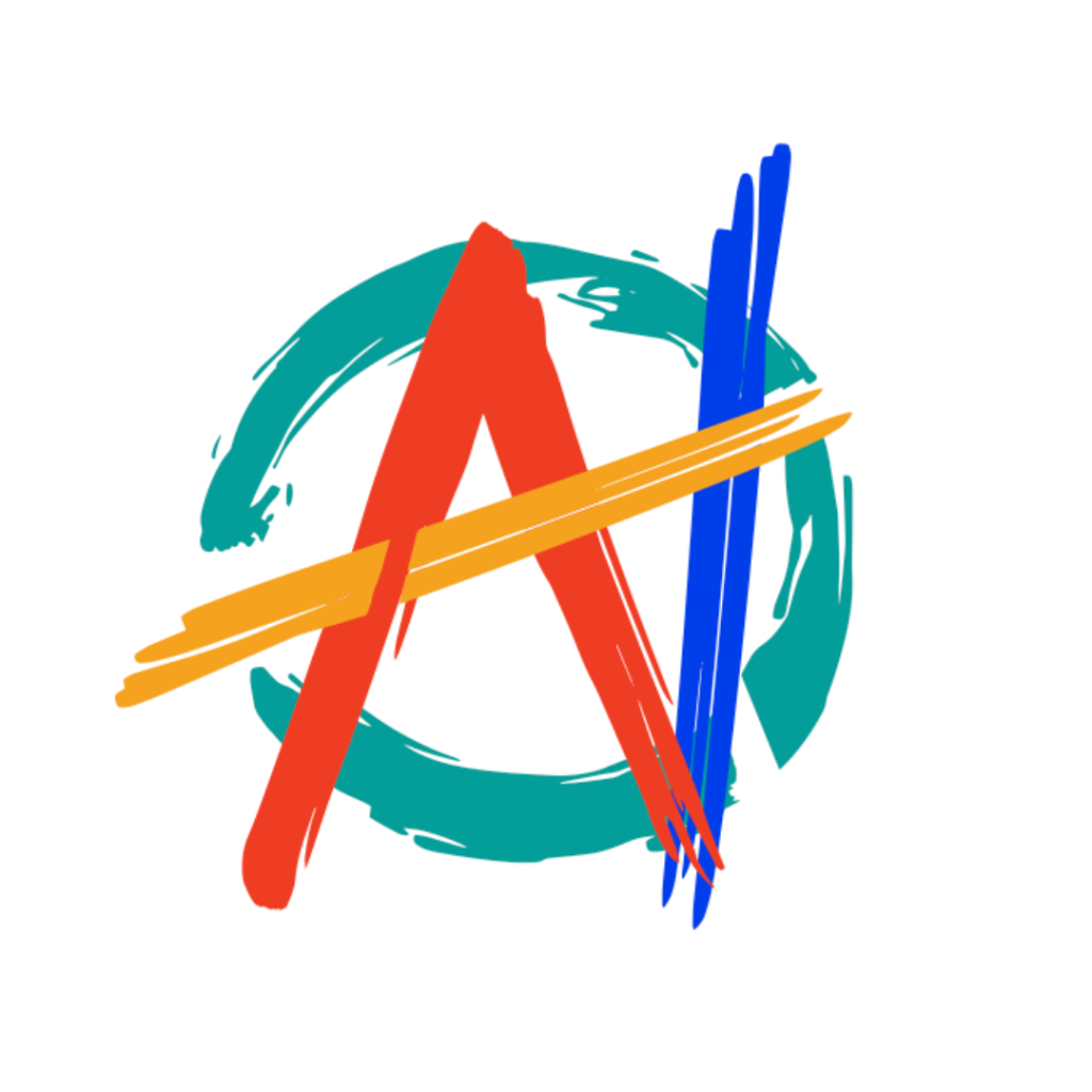 A colourful abstract design: a large red “A” shape overlaps a teal circular brushstroke, with orange and blue diagonal strokes crossing through the letter, all on a white background.