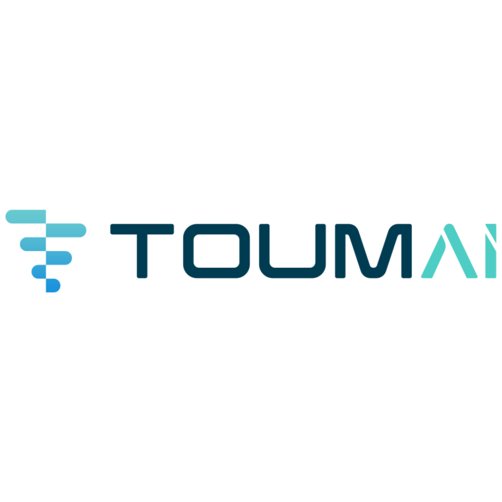 Logo with "TOUMAI" in bold, modern font. To the left, stacked turquoise and blue bars form a stylised "T." The "AI" is highlighted in light turquoise, reflecting impactful AI and innovation fund values. White background.