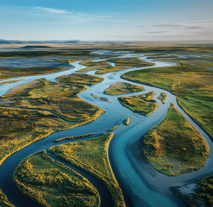 Aerial view of a winding river with bright blue water, a natural transport route flowing around grassy islands and sandbars under a clear sky, stretching across a vast, flat landscape with distant hills on the horizon.
