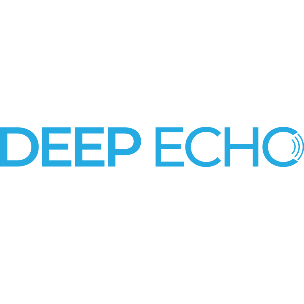 The image displays the words "DEEP ECHO" in bold, blue, uppercase letters. The letter "O" in "ECHO" has three curved blue lines to its right, resembling sound waves or an echo effect. The background is white.