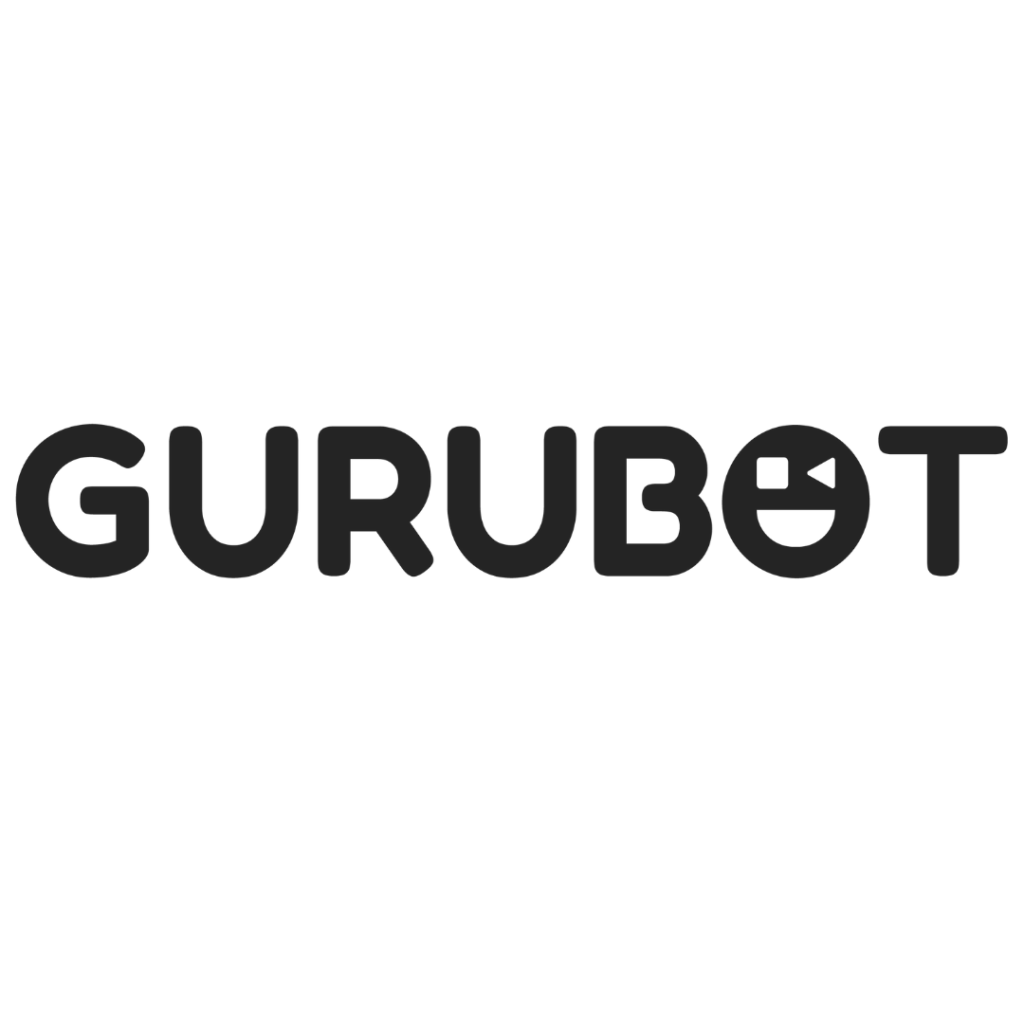 The word "GURUBOT" in bold, black, rounded letters. The "O" in "BOT" features a design resembling a robot face with one square eye, one round eye, and a horizontal line for a mouth. The background is white.