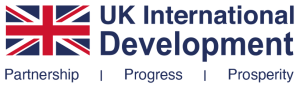 The logo features the Union Jack flag on the left, with “UK International Development” in bold blue text to the right. Below, in smaller text, are the words “Partnership | Progress | Prosperity” separated by vertical lines.