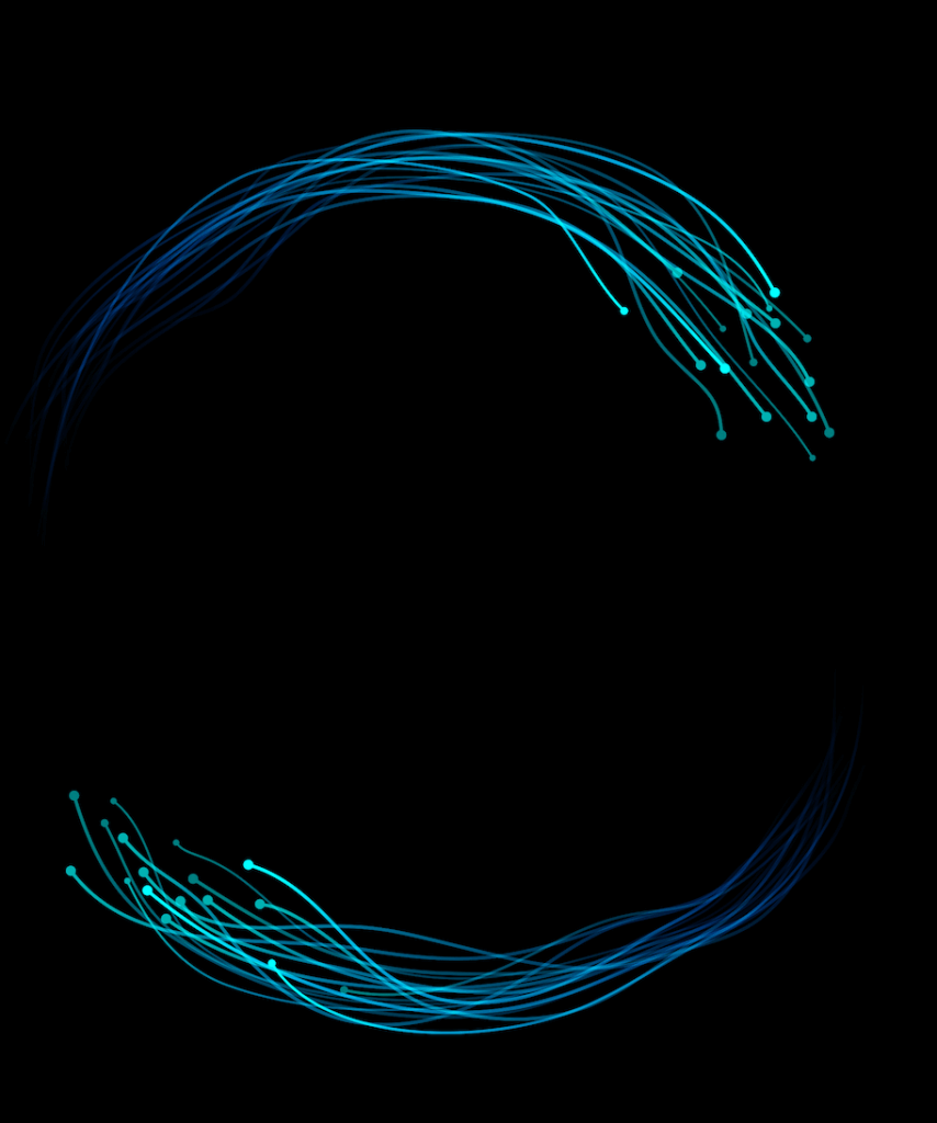 A circular frame of swirling, glowing blue and cyan lines with dotted ends on a black background. The open ring suggests dynamic movement and innovation, evoking the transformative energy of AI for impact at scale, with blank space in the centre.