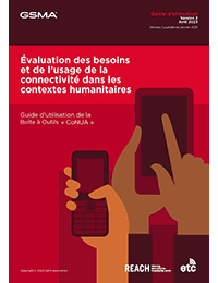 Cover page of a GSMA guide on connectivity needs in humanitarian contexts, featuring illustrated hands holding devices and highlighting the CoNUA toolkit.