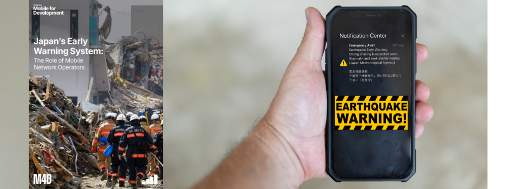 Emergency workers in debris; a hand holds a mobile displaying an Early Warning earthquake notification on the screen.