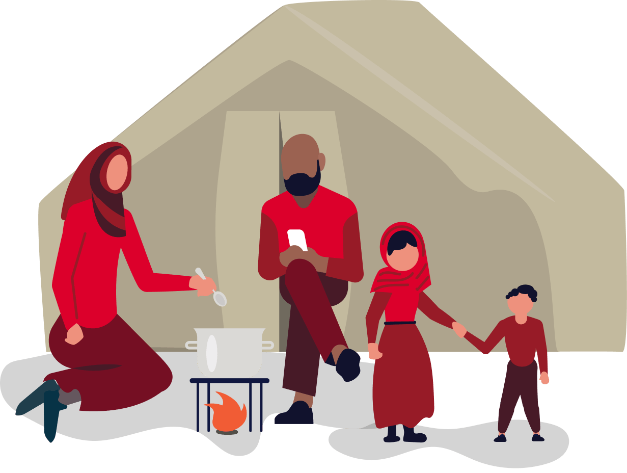 Illustration of a refugee family outside a tent; mother cooks, father sits, and two children stand nearby, highlighting the daily realities that the CoNUA toolkit aims to address.