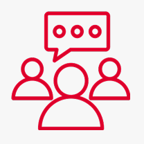 Red outline of three people with a speech bubble above them, symbolising group discussion or communication—perfect for illustrating collaboration using the CoNUA toolkit.