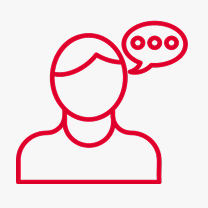Red outline of a person with a speech bubble containing three dots, representing communication or thinking, inspired by the CoNUA toolkit.