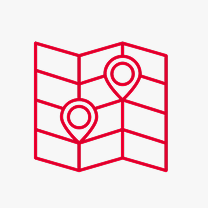 Red outline of a folded map with two location pins, illustrated to represent navigation or planning, inspired by the CoNUA toolkit, on a white background.