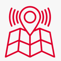 Red line icon of a map with a location pin emitting signal waves, indicating GPS or navigation—ideal for showcasing the CoNUA toolkit’s location-based features.
