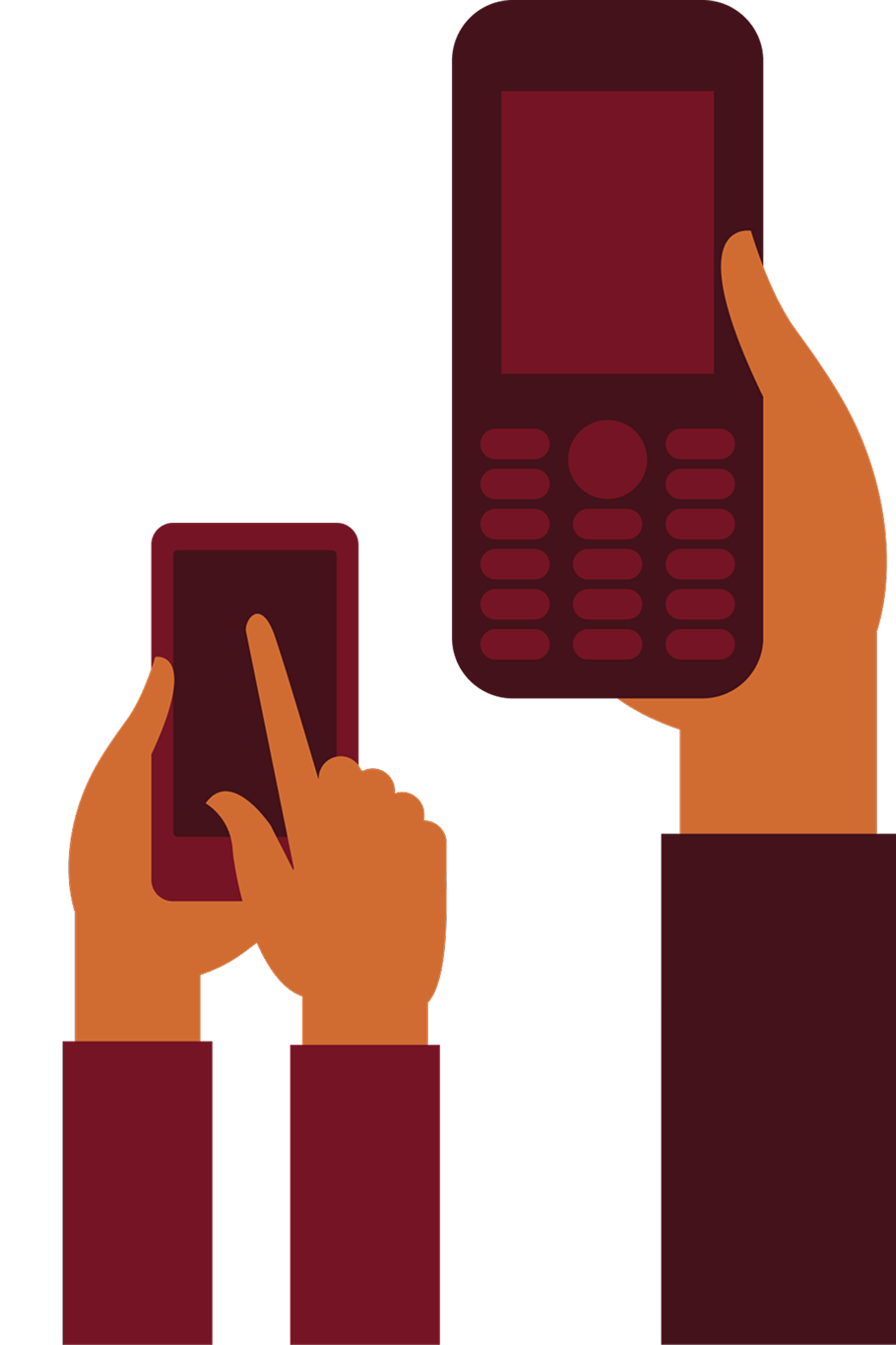 Illustration of hands holding a smartphone and a keypad mobile phone, with one hand tapping the smartphone screen—showcasing versatility with the CoNUA toolkit.