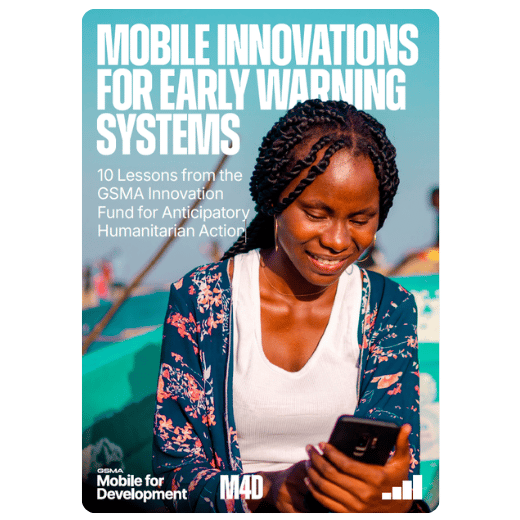 A smiling woman sits outdoors using a mobile phone; text overlay discusses mobile innovations for early warning systems.