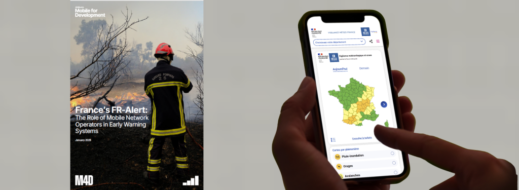A firefighter stands near a wildfire; a hand uses a phone to view a map with alert zones and early warnings.
