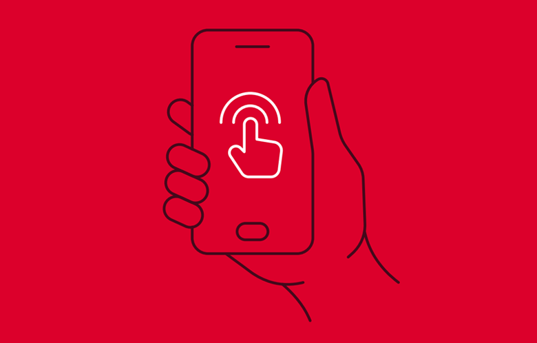A hand holding a mobile phone with a finger tapping an icon on the screen, on a red background.