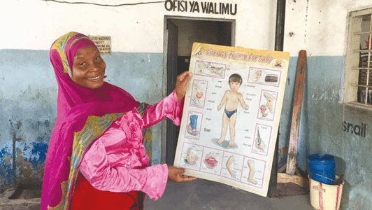 An anticipatory woman in colourful clothing holds a poster showing labelled body parts of a child in a classroom setting.