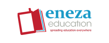 Eneza Education logo with an open red book icon and the tagline “spreading education everywhere”.