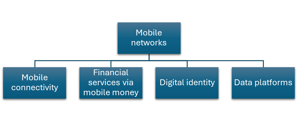 Flowchart showing "Mobile networks" linked to "Mobile connectivity," "Financial services via mobile money," "Digital identity," and "Data platforms".