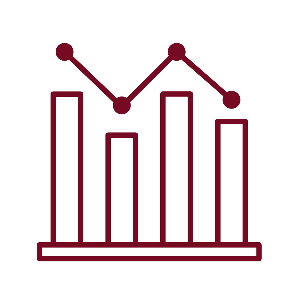Bar chart with four bars of varying heights and a line graph with four points above them.