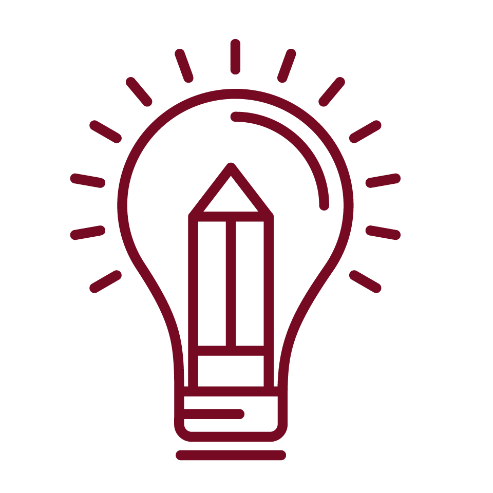 A maroon outline of a lightbulb with a pencil inside, symbolising creativity and ideas.
