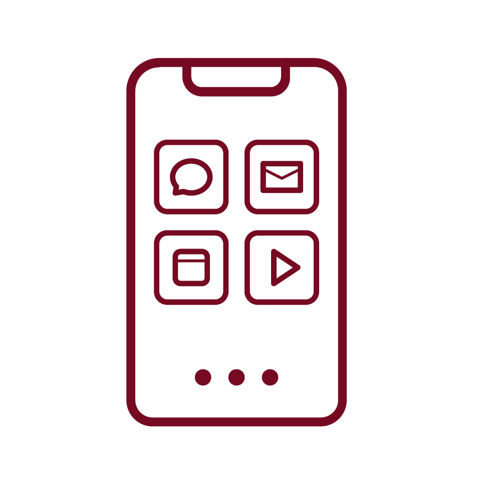 Line art of a smartphone screen with icons for chat, email, calendar, video, and music apps.