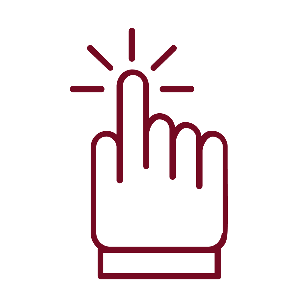 A hand icon with an extended index finger pressing a button, with lines indicating a click or touch.
