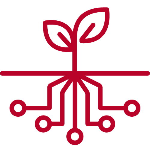 Red line art of a plant above ground with roots resembling electronic circuit connections below, symbolising GSMA Mobile for Development’s role in bridging technology and growth.