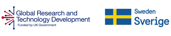 Two logos side by side: left, “Global Research and Technology Development” with a UK flag-inspired icon and “Funded by UK Government”; right, Sweden’s flag with “Sweden Sverige” in blue. Both logos have a white background, supporting GSMA Green Glossary initiatives.