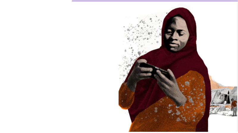 A woman in a maroon hijab looks at her mobile, symbolising digital humanitarian assistance. Abstract splashes and faint tents evoke a refugee setting in this warm, earthy image blending photo and illustration.