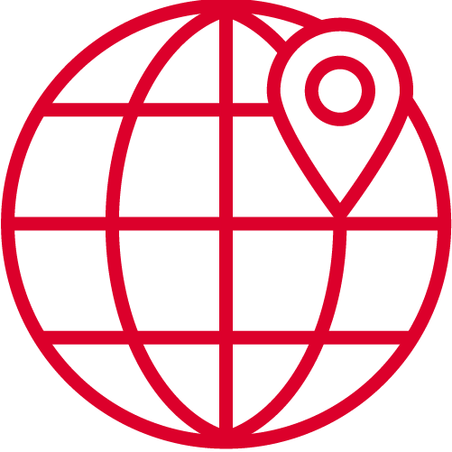 Red outline of a globe with latitude and longitude lines, symbolising global reach. A large red map pin, representing location or positioning, overlaps the upper right. The background is light grey—reflecting GSMA Mobile for Development's worldwide impact.