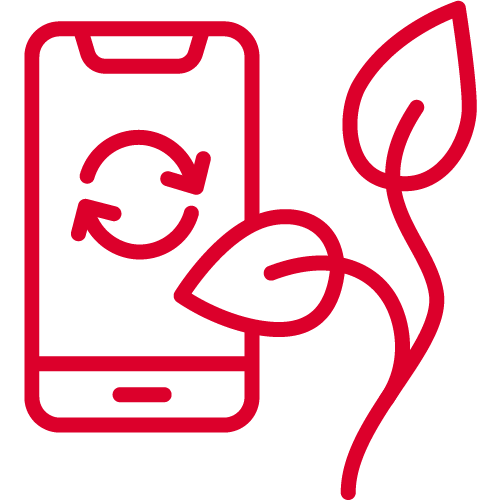 A red outline of a mobile phone with two circular arrows on its screen sits beside two outlined leaves, suggesting GSMA Mobile for Development’s focus on recycling, eco-friendly technology, or digital sustainability. The minimal design rests on a light background.
