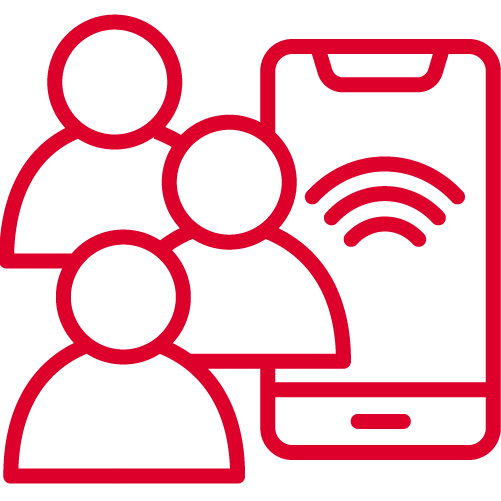 A red outline illustration shows three faceless people grouped together next to a large mobile phone with a wireless signal icon on its screen, suggesting communication or connection through mobile technology, inspired by GSMA Mobile for Development initiatives.