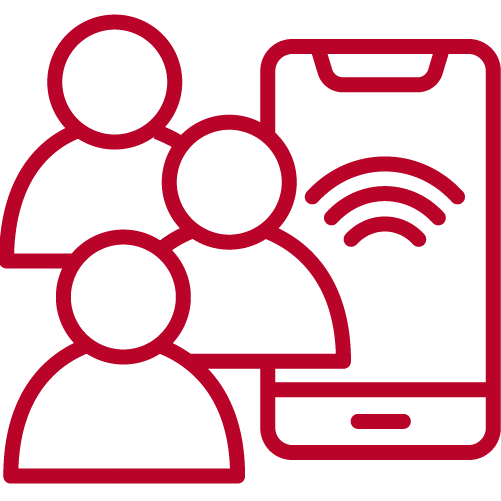 Red outline of three people next to a mobile phone with a wireless signal icon on the screen.