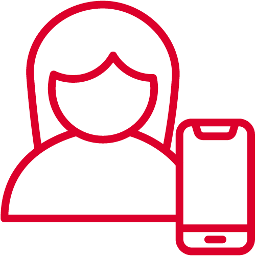 A simple red line drawing of a faceless person with long hair next to a mobile phone, inspired by GSMA Mobile for Development. The minimalistic illustration is set against a plain light background, with the phone screen left blank.