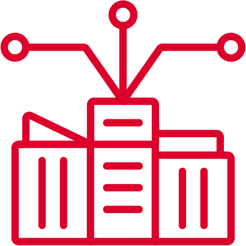 A red outline icon of a modern building with three vertical sections, featuring rectangles as windows and three lines branching upward, each ending in a circle, symbolising connectivity or networking for GSMA Mobile for Development. The background is light grey.