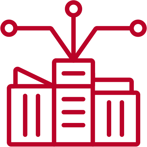 Red line drawing of a city building with three connected branching lines above it, symbolising a network.