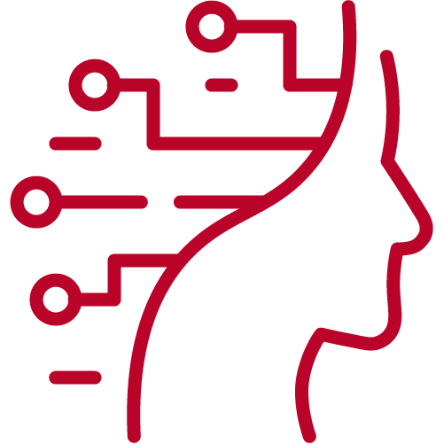 Red outline of a human profile with circuit-like lines extending from the back, symbolising artificial intelligence.