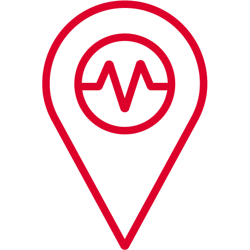 A red map pin icon with a circular centre displays a stylised heartbeat line, symbolising health or medical services powered by GSMA Mobile for Development. The background is light grey.