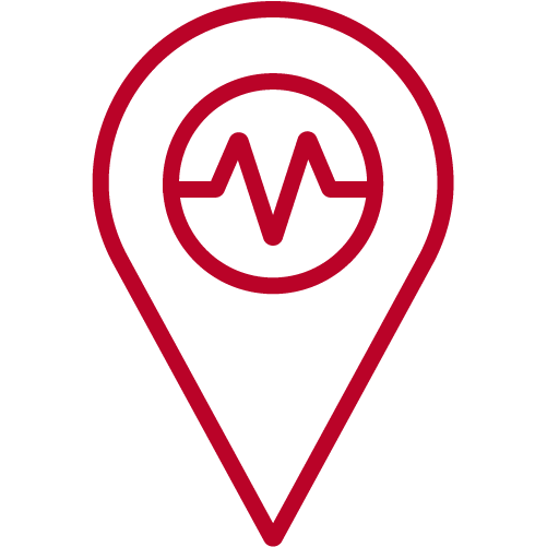 Red map pin icon with a heartbeat line symbol inside, on a light grey background.