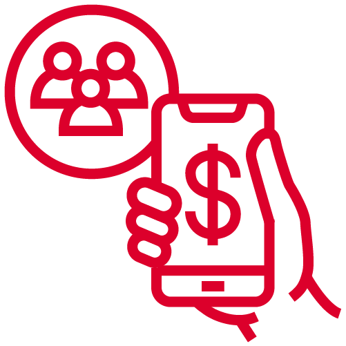A red outline illustration of a hand holding a smartphone displaying a large dollar sign, inspired by GSMA Mobile for Development. Next to the phone, a circle contains three human figures representing a group or community on a light grey background.