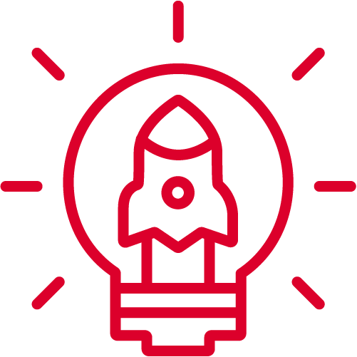 A red outline illustration of a rocket inside a light bulb, with lines radiating outward to symbolise GSMA Mobile for Development—innovation, creativity, and launching new ideas. The background is light grey.