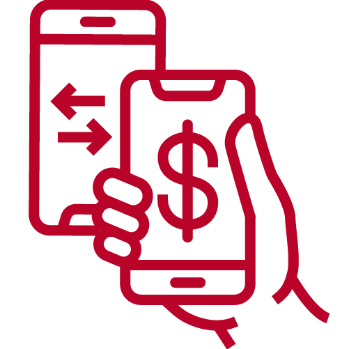 Red line drawing of a hand holding a mobile phone with a dollar sign, next to another phone with arrows.