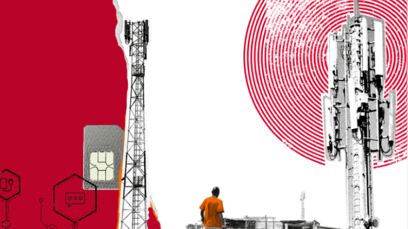 A person in an orange shirt stands near tall mobile masts as a large red signal radiates outward. A SIM card and tech icons appear on a bold red-and-white background, illustrating the impact of digital humanitarian assistance in a modern, digital-themed collage.